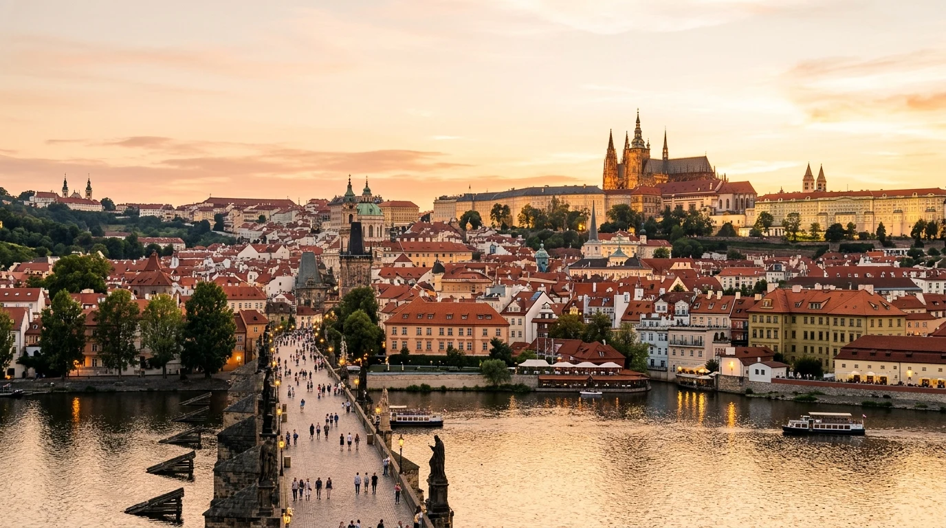 Panoramic view of Prague Castle and Charles Bridge over the Vltava River in golden hour