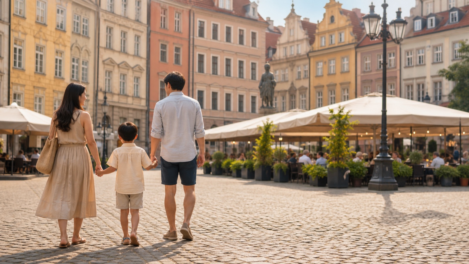 Family walking through a European old town square